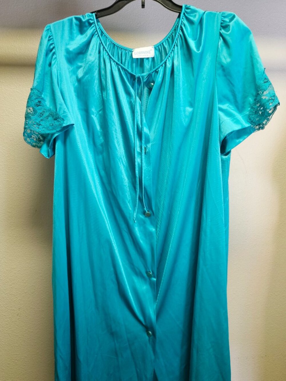 Vintage Lorraine Teal Nylon Nightgown With Lace Details And Buttons Size Large